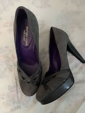 Sergio Rossi Charcoal Suede Platform Pumps with Textured Trim